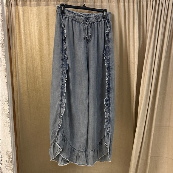 Blue Ruffled Denim Pants - Easel - Picture 1 of 6